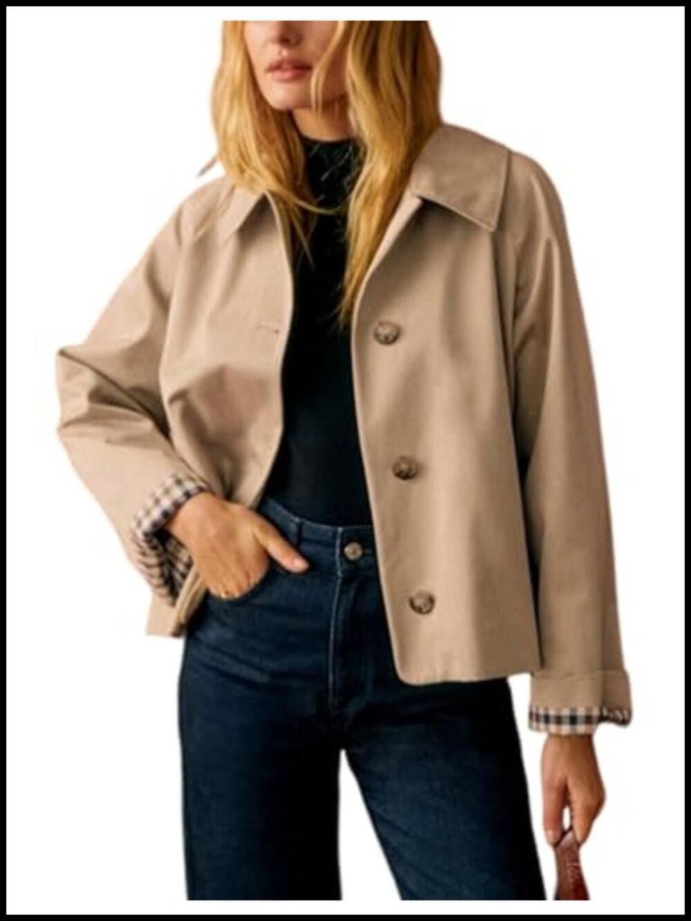 Womens Oversize Trench Coat Plaid Lined Button Down Casual Crop Jacket